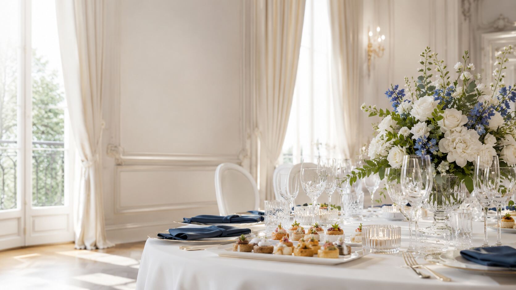 Réception traiteur élégante par Maison Bleu — table dressée et composition florale